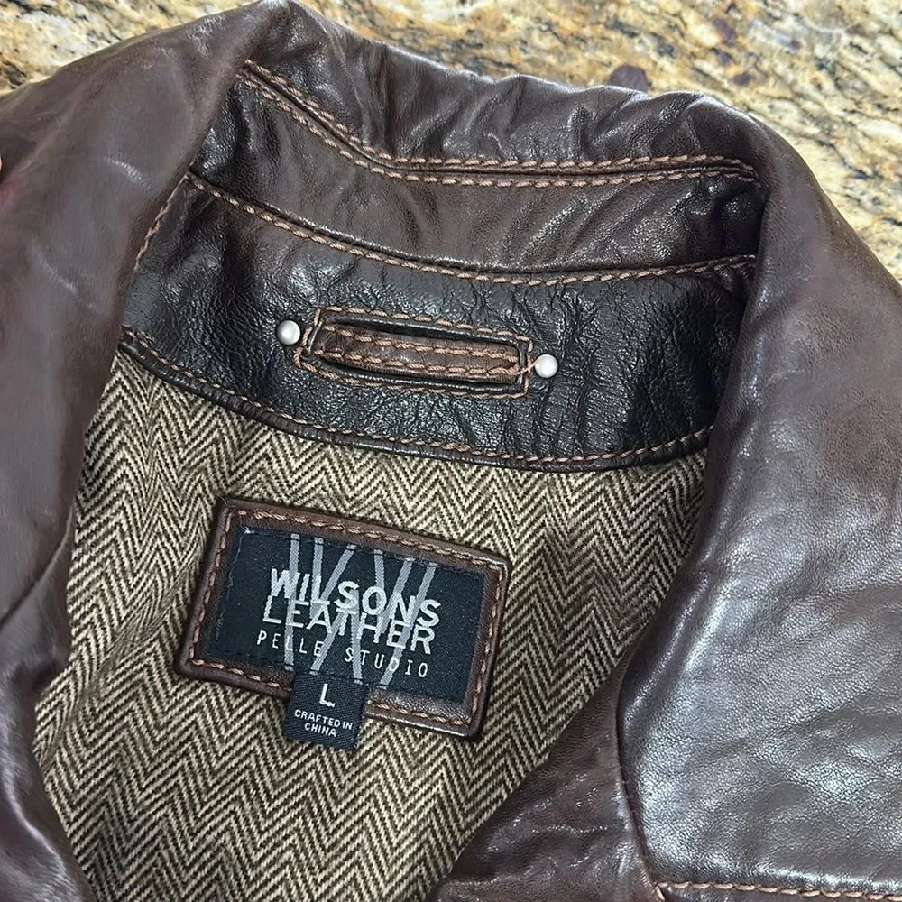 Wilsons Leather Pelle Studio Button Front Brown Jacket Size L